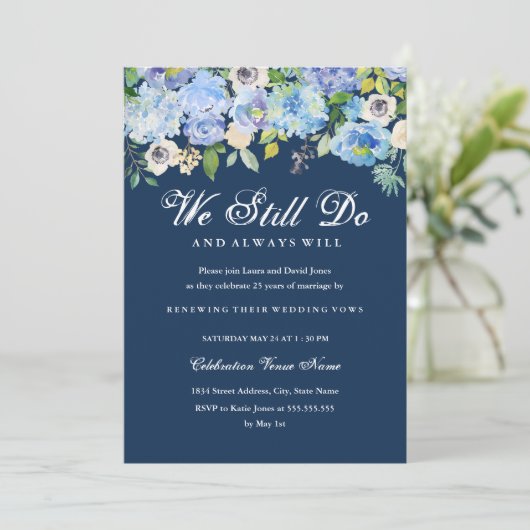 Blue Floral Vow Renewal Jubileum Invitation Kaart (Staand voorkant)