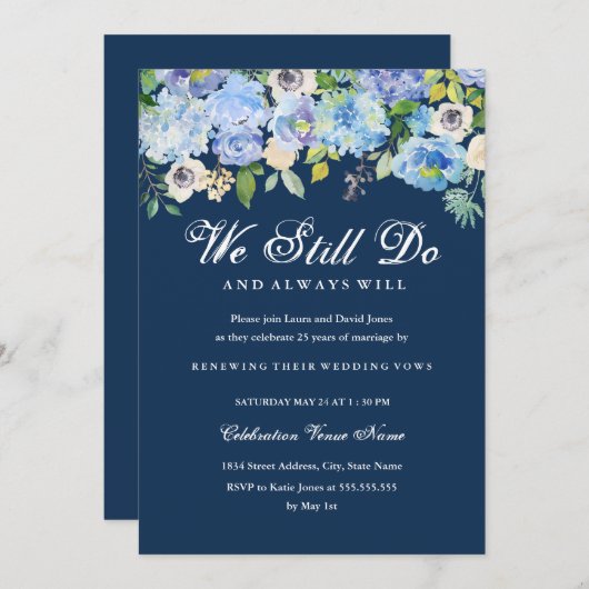 Blue Floral Vow Renewal Jubileum Invitation Kaart (Voorkant / Achterkant)