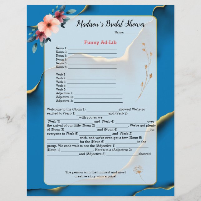 Blue Floral Vrijgezellenfeest Icebreaker 💕 5 woor (Achterkant)