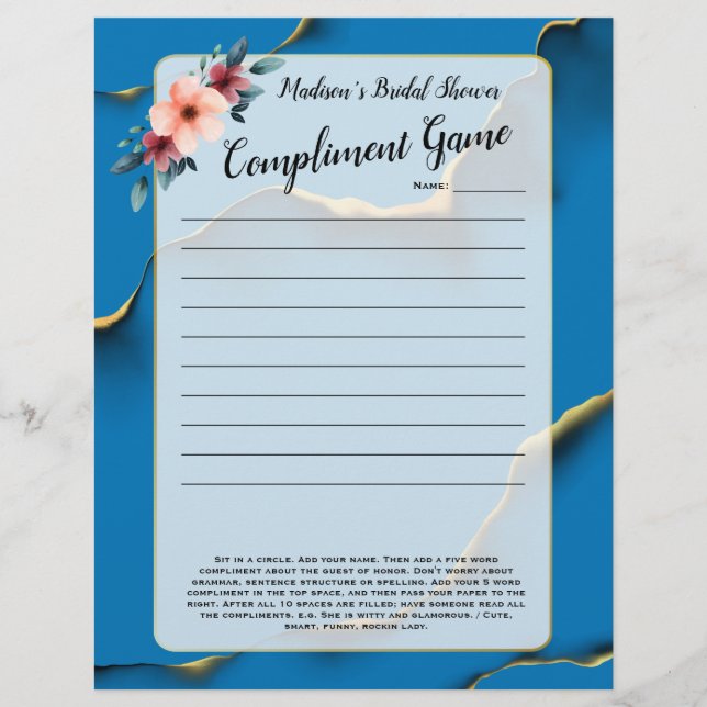 Blue Floral Vrijgezellenfeest Icebreaker 💕 5 woor (Voorkant)