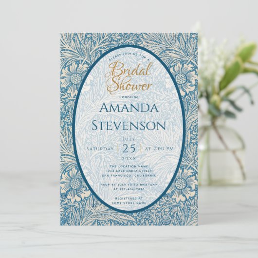 Blue Floral Vrijgezellenfeest Marigold William Mor Kaart (Staand voorkant)