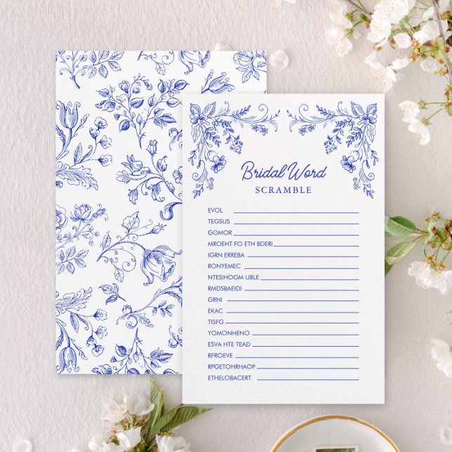 Blue Floral Vrijgezellenfeest Word spel (Something Blue Bridal Word Scramble Game Card)