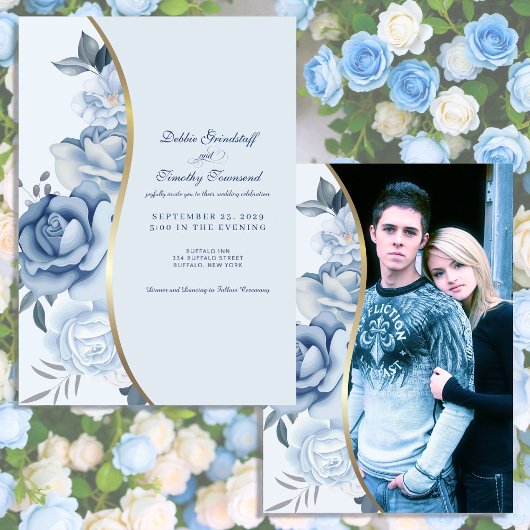 Blue Floral w/Custom Photo Wedding Invitation  Kaart