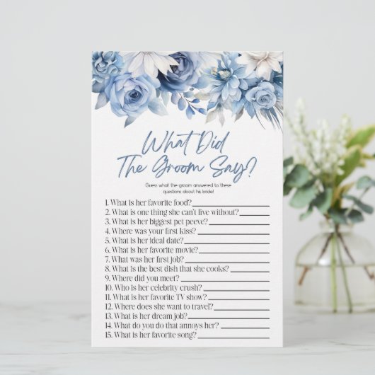 Blue Floral Wat de bruidegom zeggen Vrijgezellenfe Briefpapier (Staand voorkant)