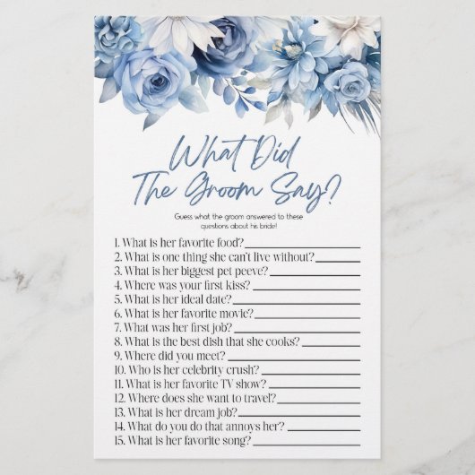 Blue Floral Wat de bruidegom zeggen Vrijgezellenfe Briefpapier (Voorkant)