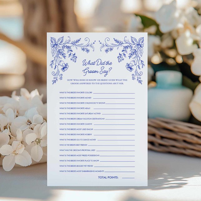 Blue Floral Wat deed het bruidsspel van de bruideg (Blue Toile What did the groom say bridal shower game)