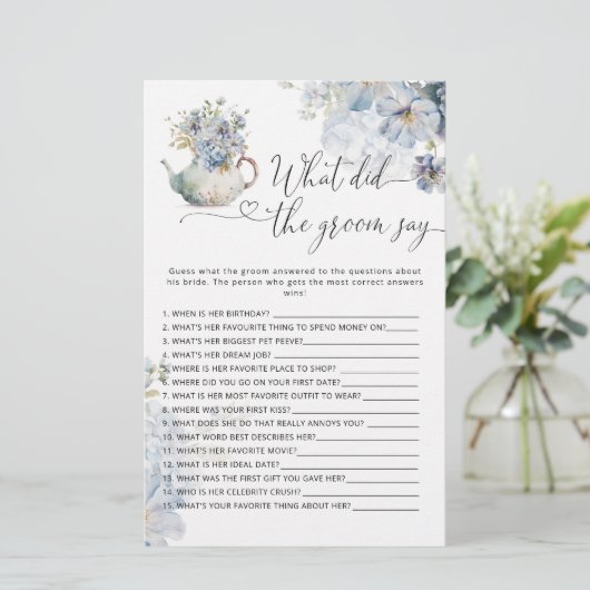 Blue Floral Wat zei de bruidegom zeggen bruidsspel (Staand voorkant)
