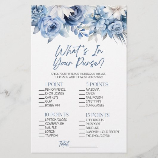 Blue Floral Wat zit er in Purse Vrijgezellenfeest  Briefpapier (Voorkant)
