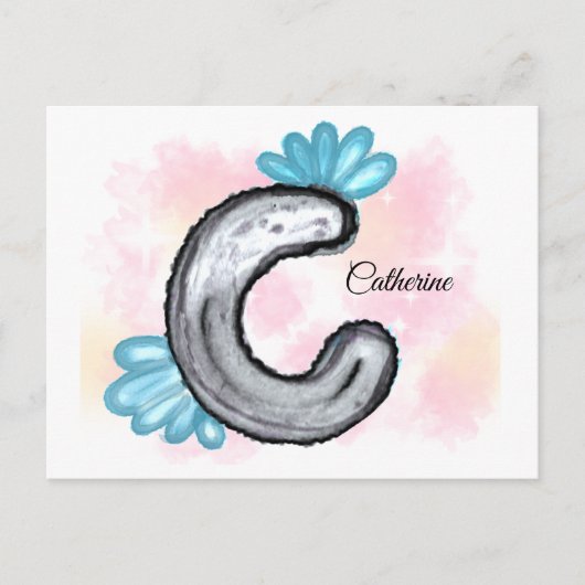 Blue Floral Watercolor Letter C Briefkaart (Voorkant)