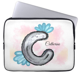Blue Floral Watercolor Letter C Laptop Sleeve