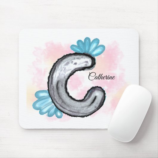 Blue Floral Watercolor Letter C Muismat (Met muis)