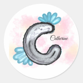 Blue Floral Watercolor Letter C Ronde Sticker