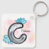 Blue Floral Watercolor Letter C Sleutelhanger (Achterkant)