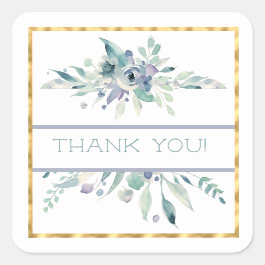 Blue Floral Waterverf en Gold Hartelijk dank Vierkante Sticker (Voorkant)