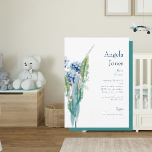 Blue Floral Waterverf Foliage Baby shower Kaart