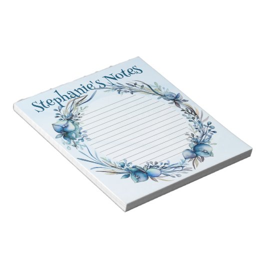 Blue Floral Waterverf gepersonaliseerd Notitieblok (Schuin)