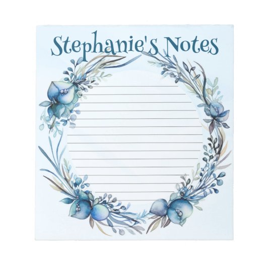 Blue Floral Waterverf gepersonaliseerd Notitieblok (Voorkant)
