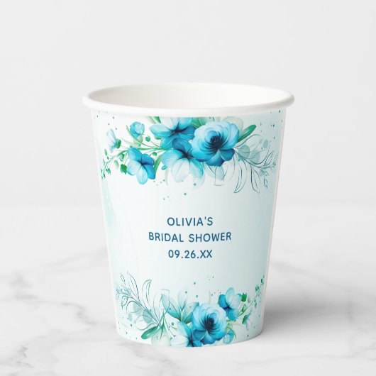 Blue Floral Waterverf gepersonaliseerd Vrijgezelle Papieren Bekers (Achterkant)