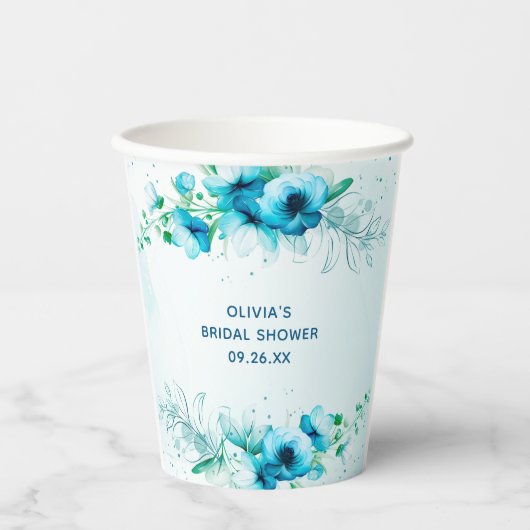 Blue Floral Waterverf gepersonaliseerd Vrijgezelle Papieren Bekers (Voorkant)