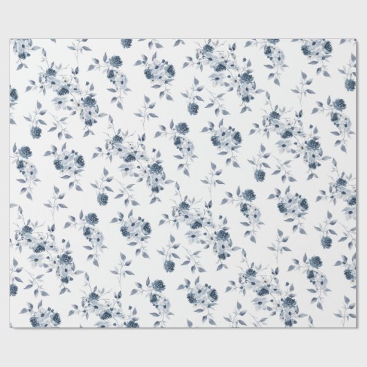 Blue Floral Waterverf Gift Wrapping Paper Cadeaupapier (Vlak)