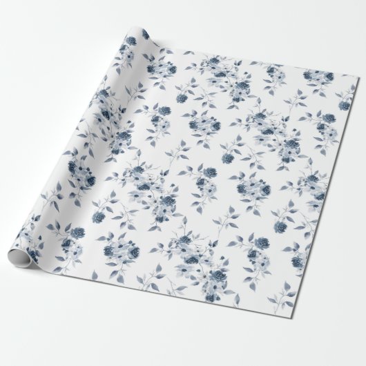 Blue Floral Waterverf Gift Wrapping Paper Cadeaupapier (Uitgerold)