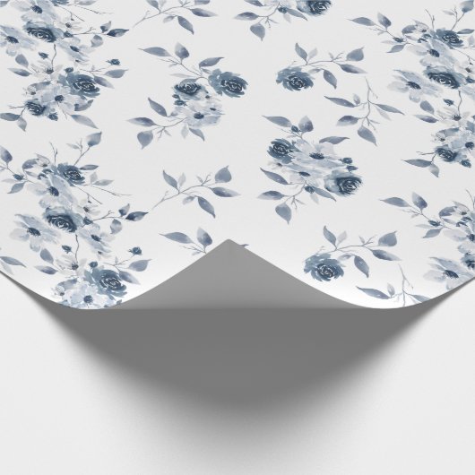 Blue Floral Waterverf Gift Wrapping Paper Cadeaupapier (Hoek)