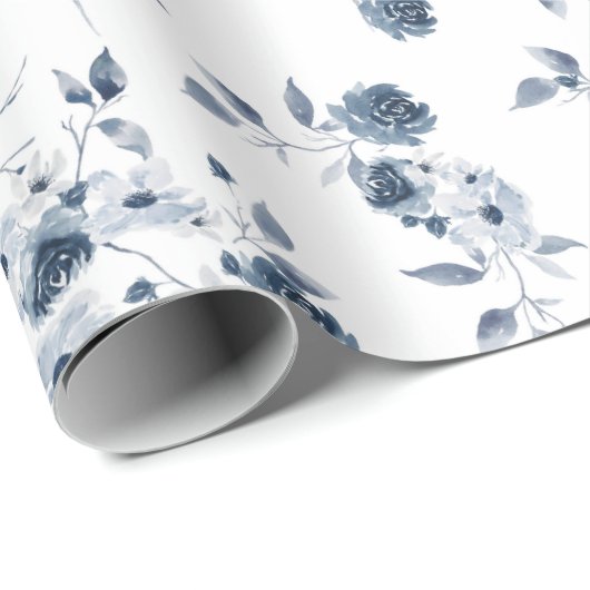 Blue Floral Waterverf Gift Wrapping Paper Cadeaupapier (Rol Hoek)