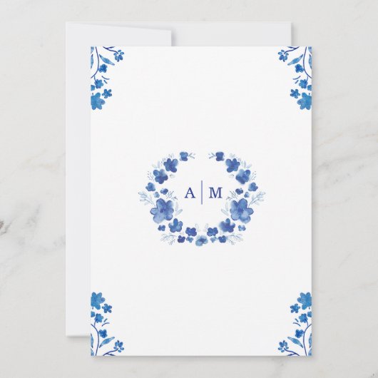 Blue Floral Waterverf Lijst bruiloft Kaart (Achterkant)