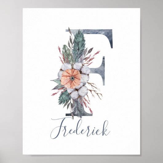 Blue Floral Waterverf Monogram Achternaam Poster (Voorkant)