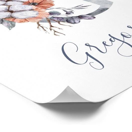 Blue Floral Waterverf Monogram G Achternaam Poster (Hoek)