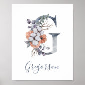 Blue Floral Waterverf Monogram G Achternaam Poster (Voorkant)