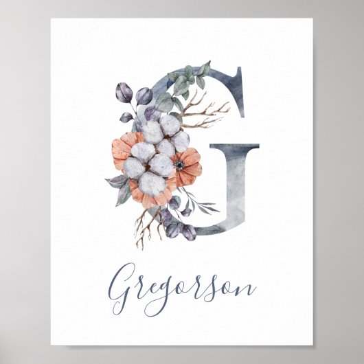 Blue Floral Waterverf Monogram G Achternaam Poster (Voorkant)