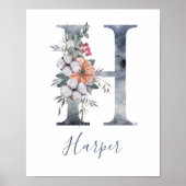 Blue Floral Waterverf Monogram H Naam Poster (Voorkant)