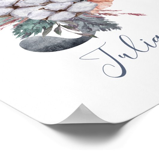 Blue Floral Waterverf Monogram J Naam Poster (Hoek)