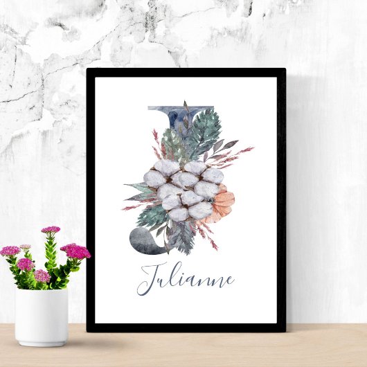Blue Floral Waterverf Monogram J Naam Poster