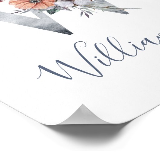 Blue Floral Waterverf Monogram W Poster van de ach (Hoek)