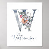 Blue Floral Waterverf Monogram W Poster van de ach (Voorkant)