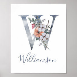 Blue Floral Waterverf Monogram W Poster van de ach