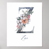 Blue Floral Waterverf Monogram Z Achternaam Poster (Voorkant)