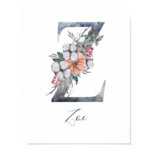 Blue Floral Waterverf Monogram Z Achternaam Poster