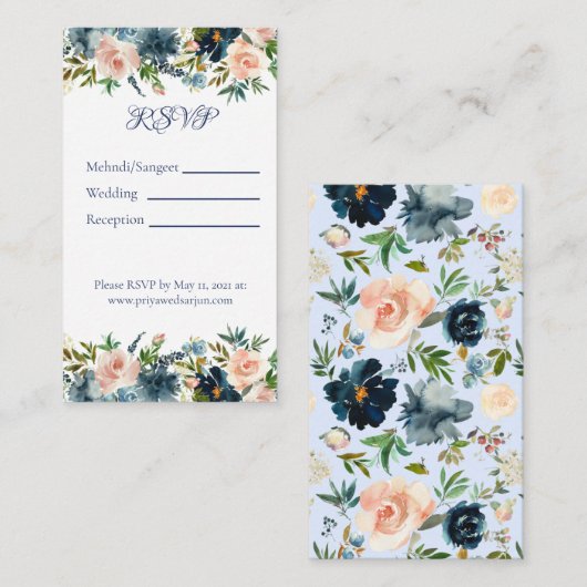 Blue Floral Waterverf Multi-Event Details Card Informatiekaartje (Voorkant / Achterkant)