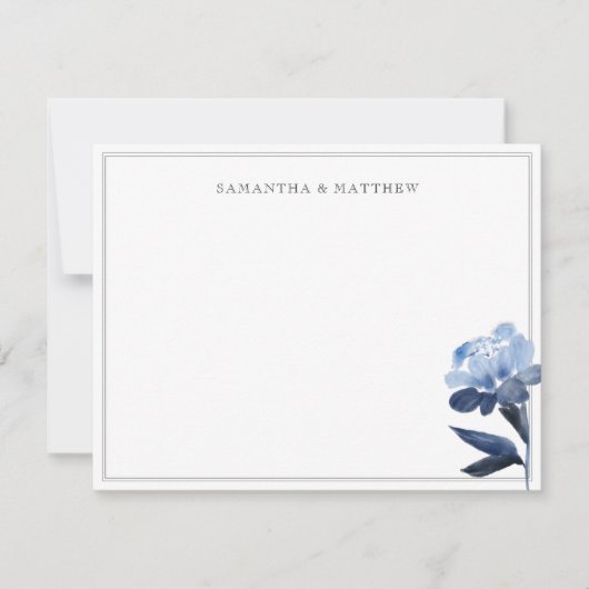 Blue Floral Waterverf Two Borders Paar Notitiekaartje (Voorkant)