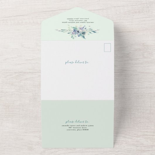 Blue Floral Waterverf Wedding All In One Uitnodiging (Buitenkant)