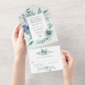 Blue Floral Waterverf Wedding All In One Uitnodiging (Afscheurbaar)