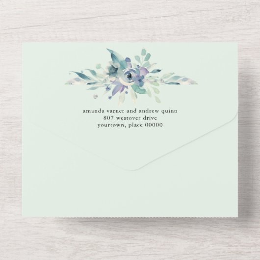 Blue Floral Waterverf Wedding All In One Uitnodiging (Achterkant)