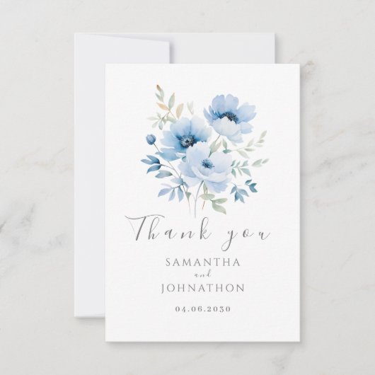 Blue Floral Waterverf Wedding Bedankkaart (Voorkant)