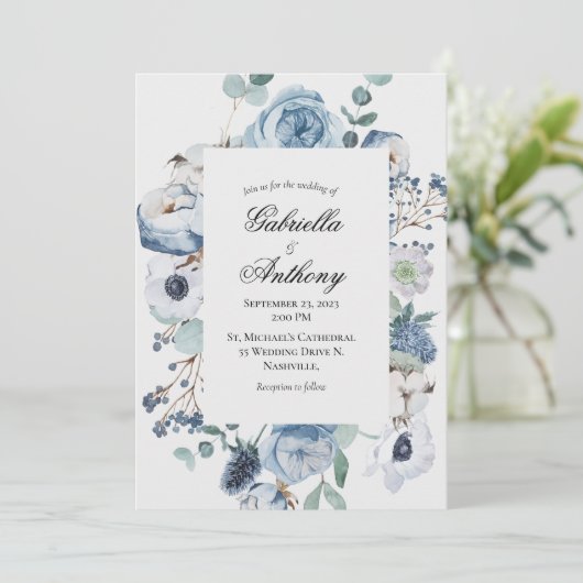 Blue Floral Waterverf Wedding Kaart (Staand voorkant)