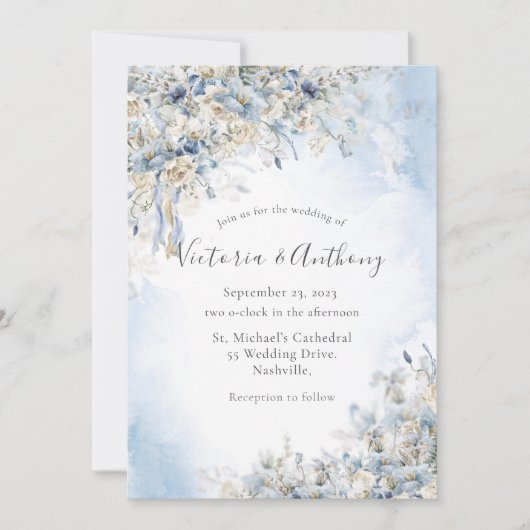 Blue Floral Waterverf Wedding Kaart (Voorkant)