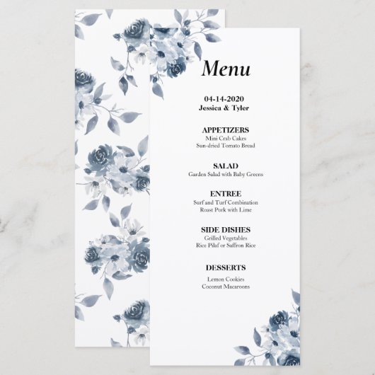 Blue Floral Waterverf Wedding or Event Menu (Voorkant / Achterkant)