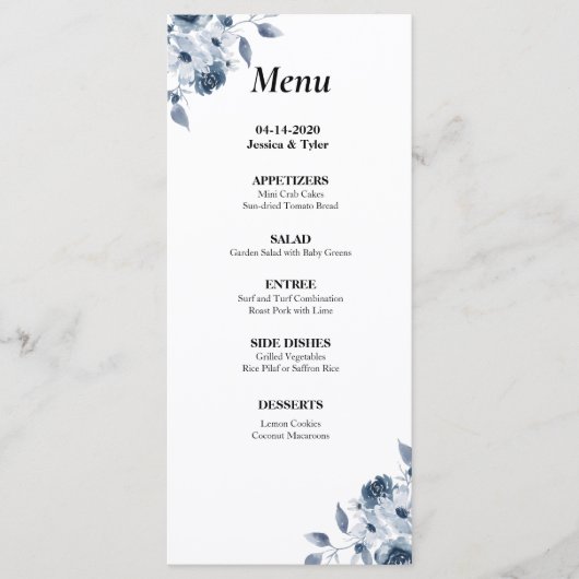 Blue Floral Waterverf Wedding or Event Menu (Voorkant)